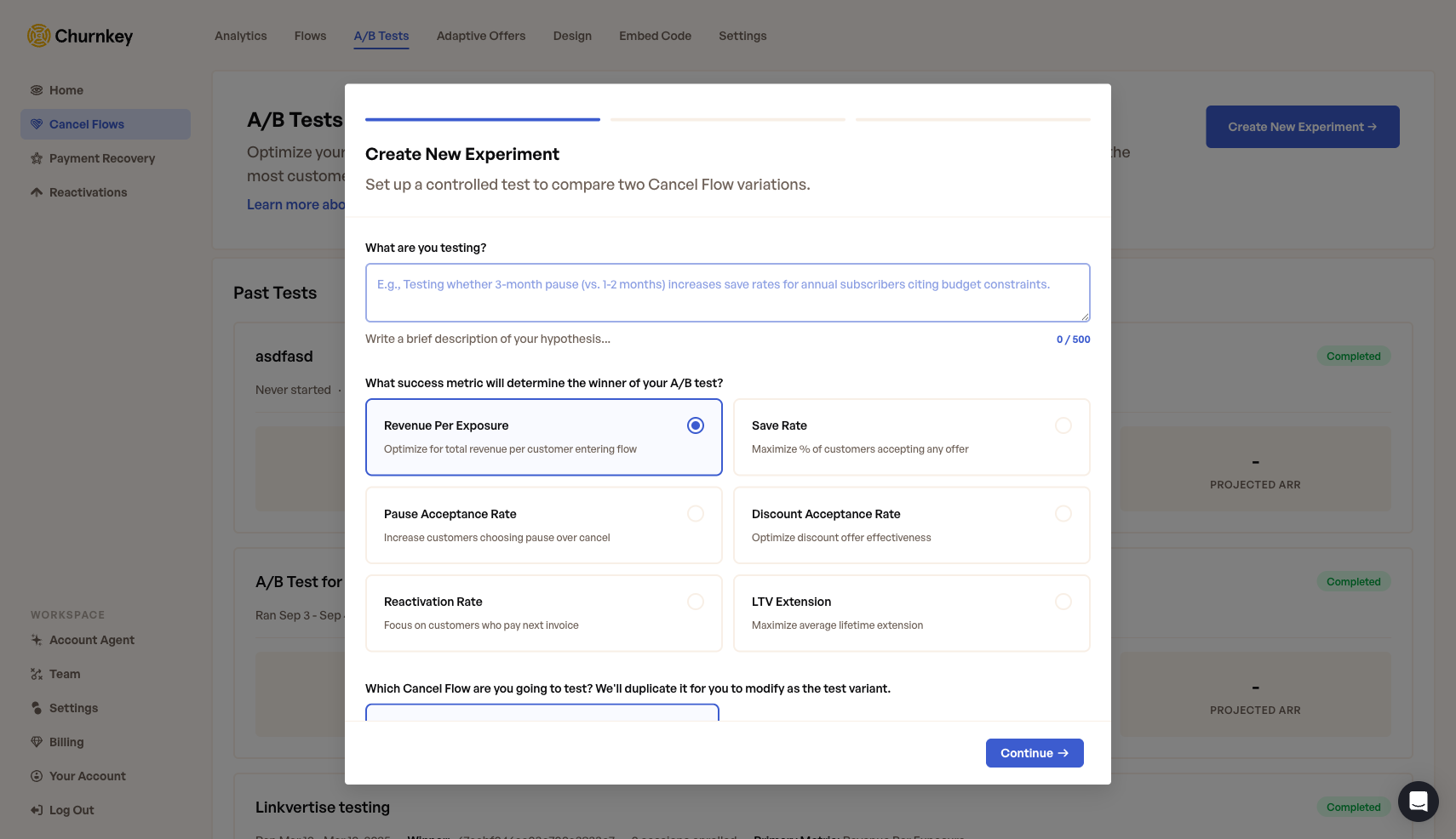 The six primary metrics available when creating an A/B test