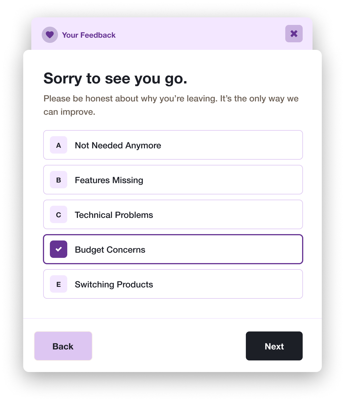 Cancellation Survey interface with multiple choice options